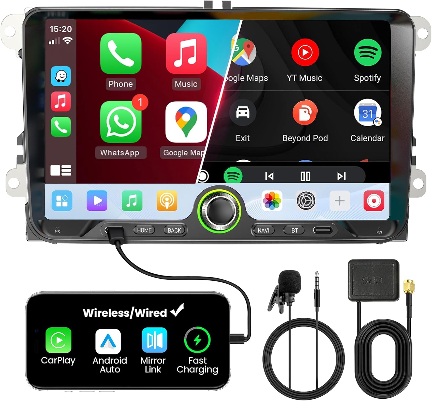 2 DIN Car Stereo for Volkswagen, Skoda, SEAT, Wireless CarPlay &amp; Android Auto 9" Touchscreen, 4GB RAM 64GB ROM, Bluetooth 5GHz WiFi DAB+ FM AUX GPS