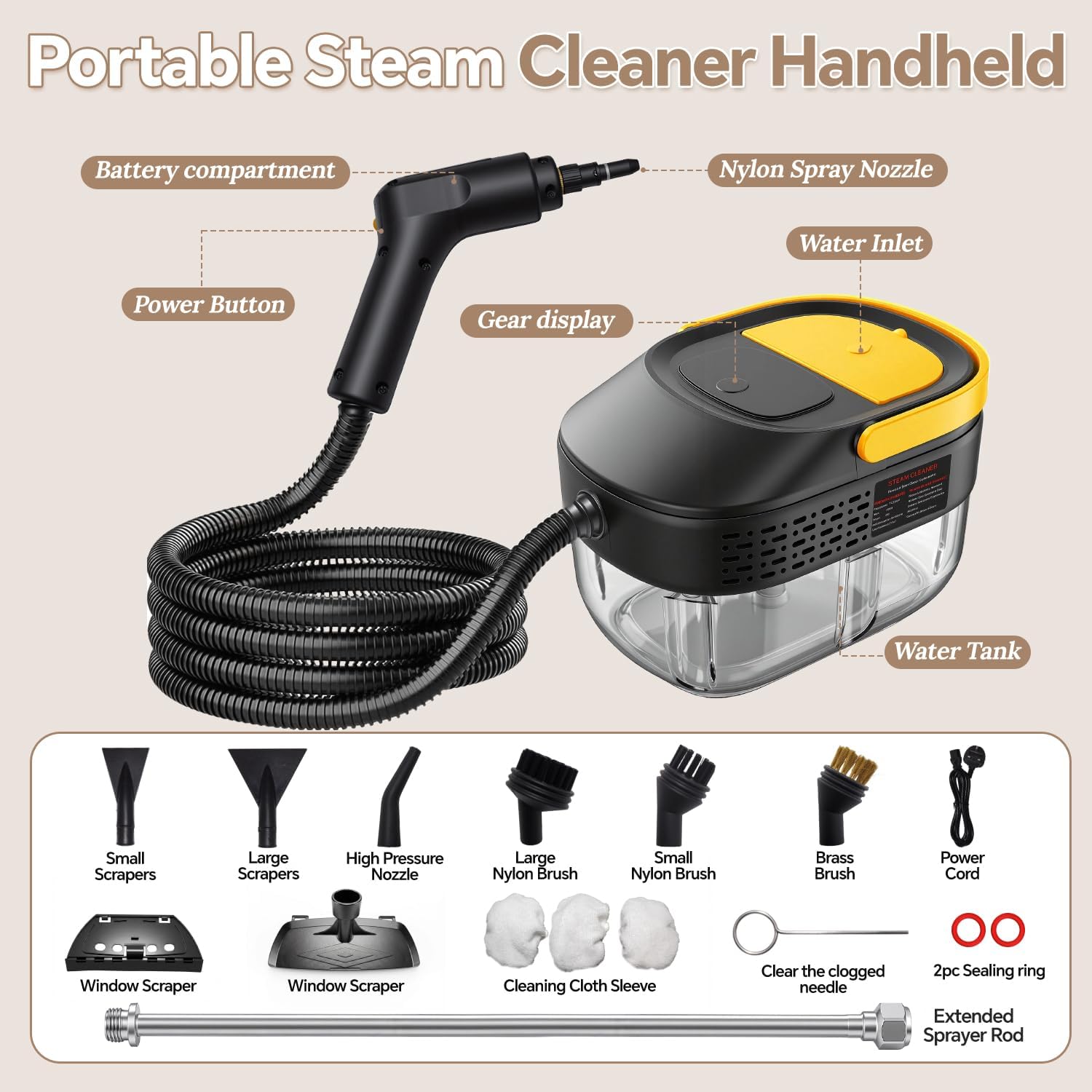 2500W Handheld Steam Cleaner with 3 Steam Levels,1.6L Water Tank,15s Heat-Up Portable Multi-Purpose Steamer with Safety Lock and 13 Accessories for Home,Sofa,Car,Floor