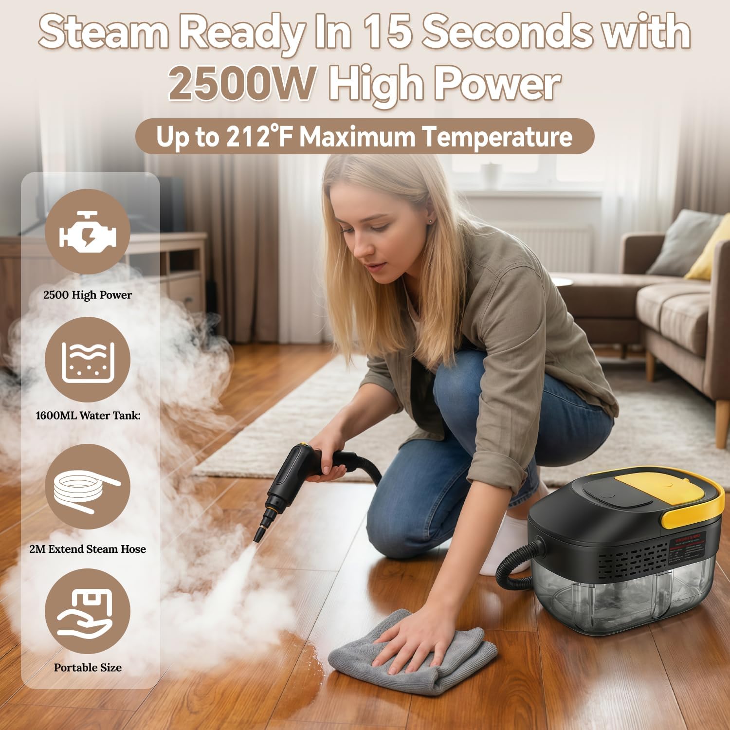 2500W Handheld Steam Cleaner with 3 Steam Levels,1.6L Water Tank,15s Heat-Up Portable Multi-Purpose Steamer with Safety Lock and 13 Accessories for Home,Sofa,Car,Floor