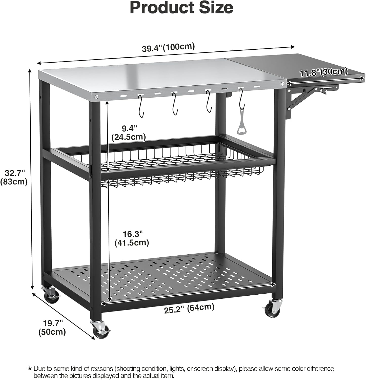 3-Tier BBQ Table with Stainless Steel Top, Movable Food Prep Table with Outdoor Pizza Oven Stand, Outdoor Grill Dining Cart for Party Home Gathering Picnic
