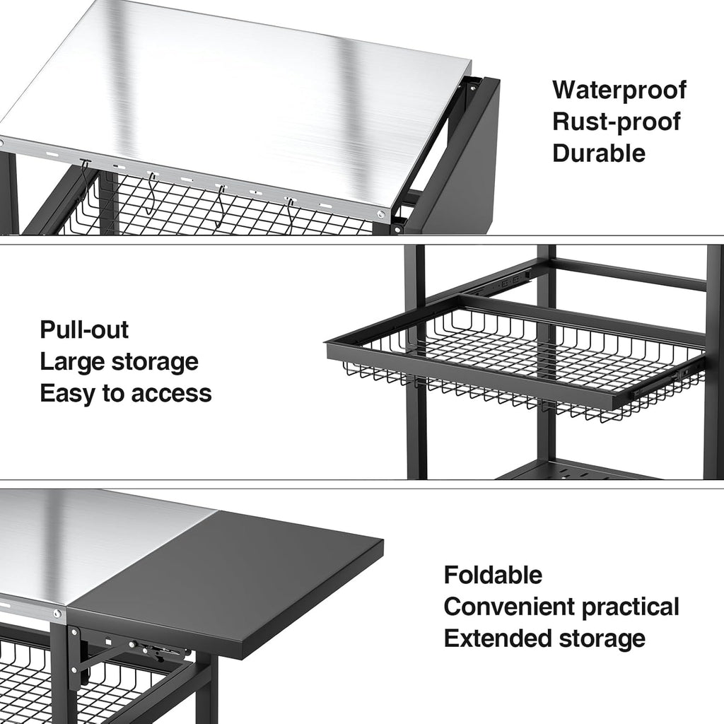 3-Tier BBQ Table with Stainless Steel Top, Movable Food Prep Table with Outdoor Pizza Oven Stand, Outdoor Grill Dining Cart for Party Home Gathering Picnic