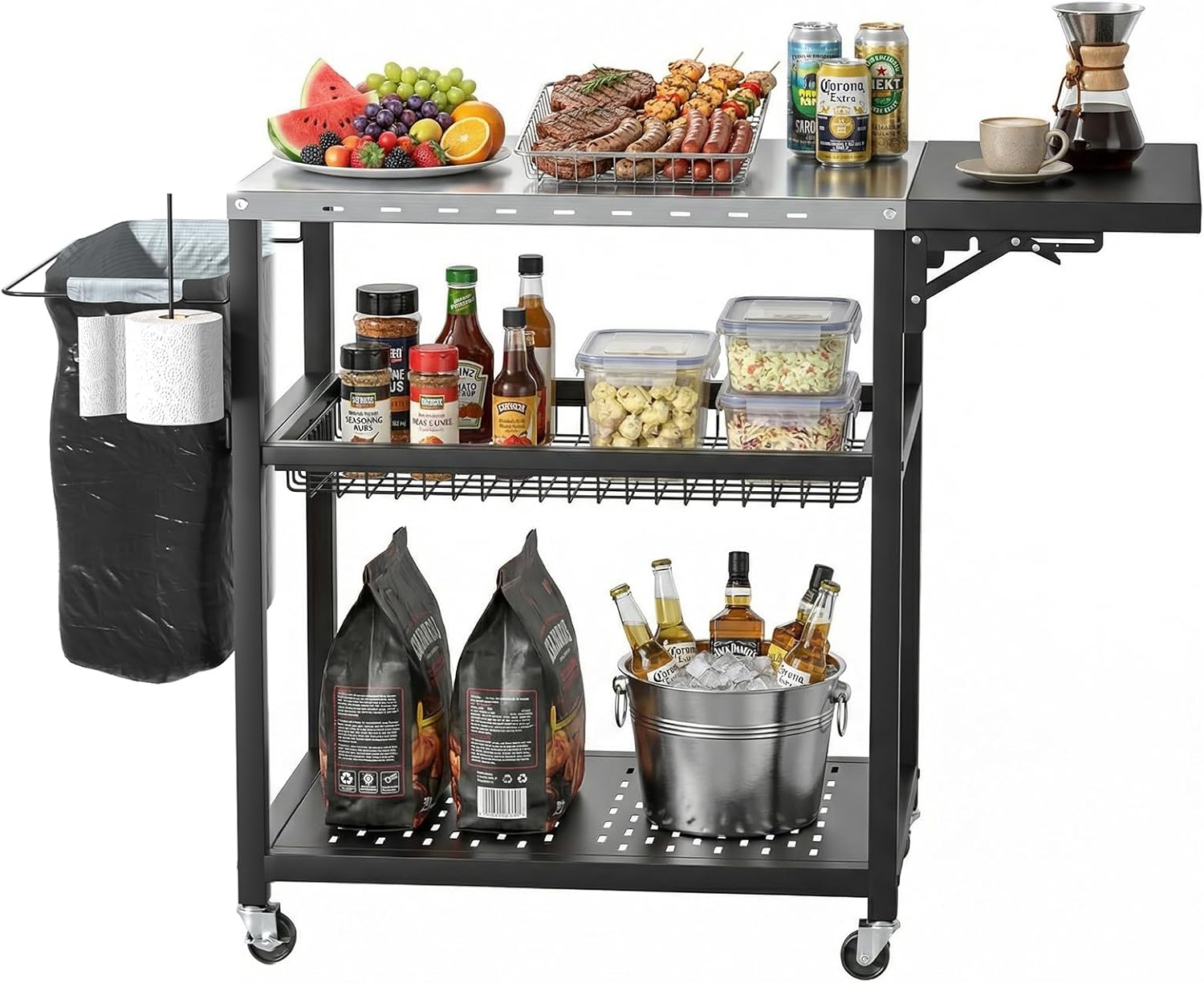 3-Tier BBQ Table with Stainless Steel Top, Movable Food Prep Table with Outdoor Pizza Oven Stand, Outdoor Grill Dining Cart for Party Home Gathering Picnic