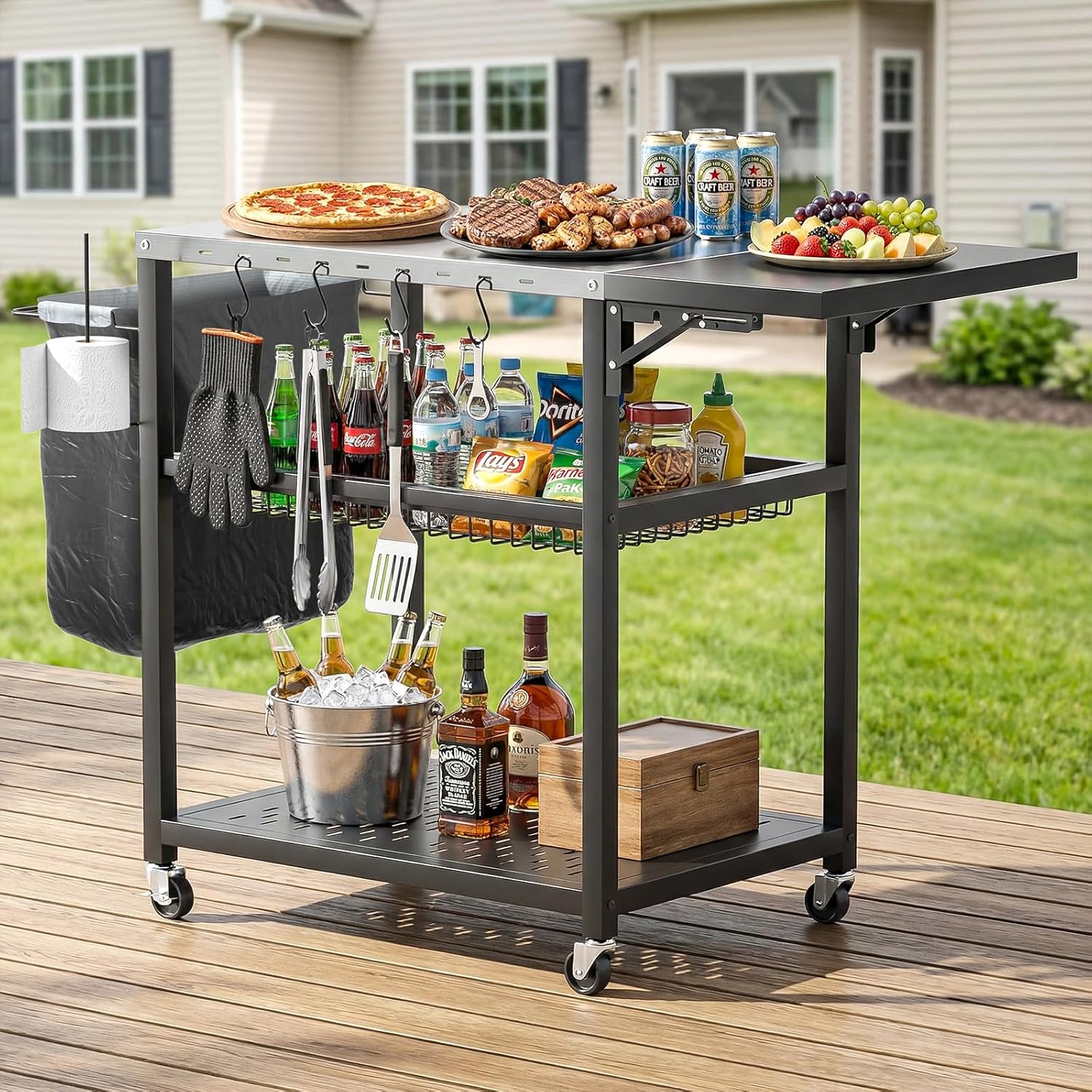 3-Tier BBQ Table with Stainless Steel Top, Movable Food Prep Table with Outdoor Pizza Oven Stand, Outdoor Grill Dining Cart for Party Home Gathering Picnic