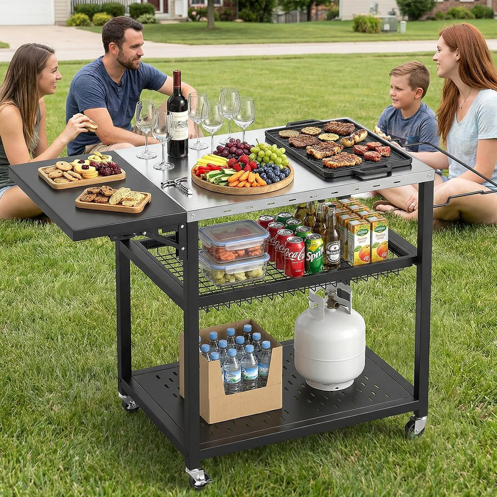 3-Tier BBQ Table with Stainless Steel Top, Movable Food Prep Table with Outdoor Pizza Oven Stand, Outdoor Grill Dining Cart for Party Home Gathering Picnic