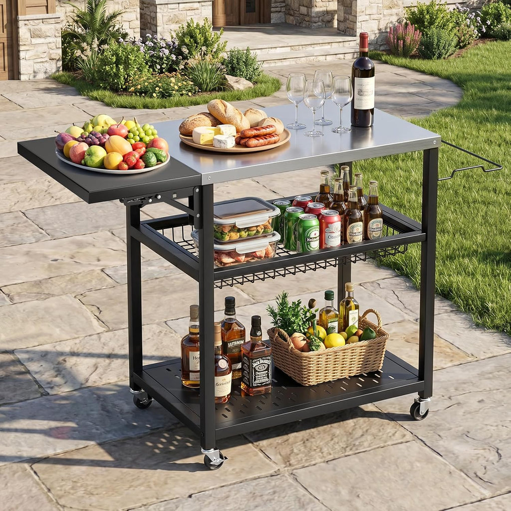 3-Tier BBQ Table with Stainless Steel Top, Movable Food Prep Table with Outdoor Pizza Oven Stand, Outdoor Grill Dining Cart for Party Home Gathering Picnic