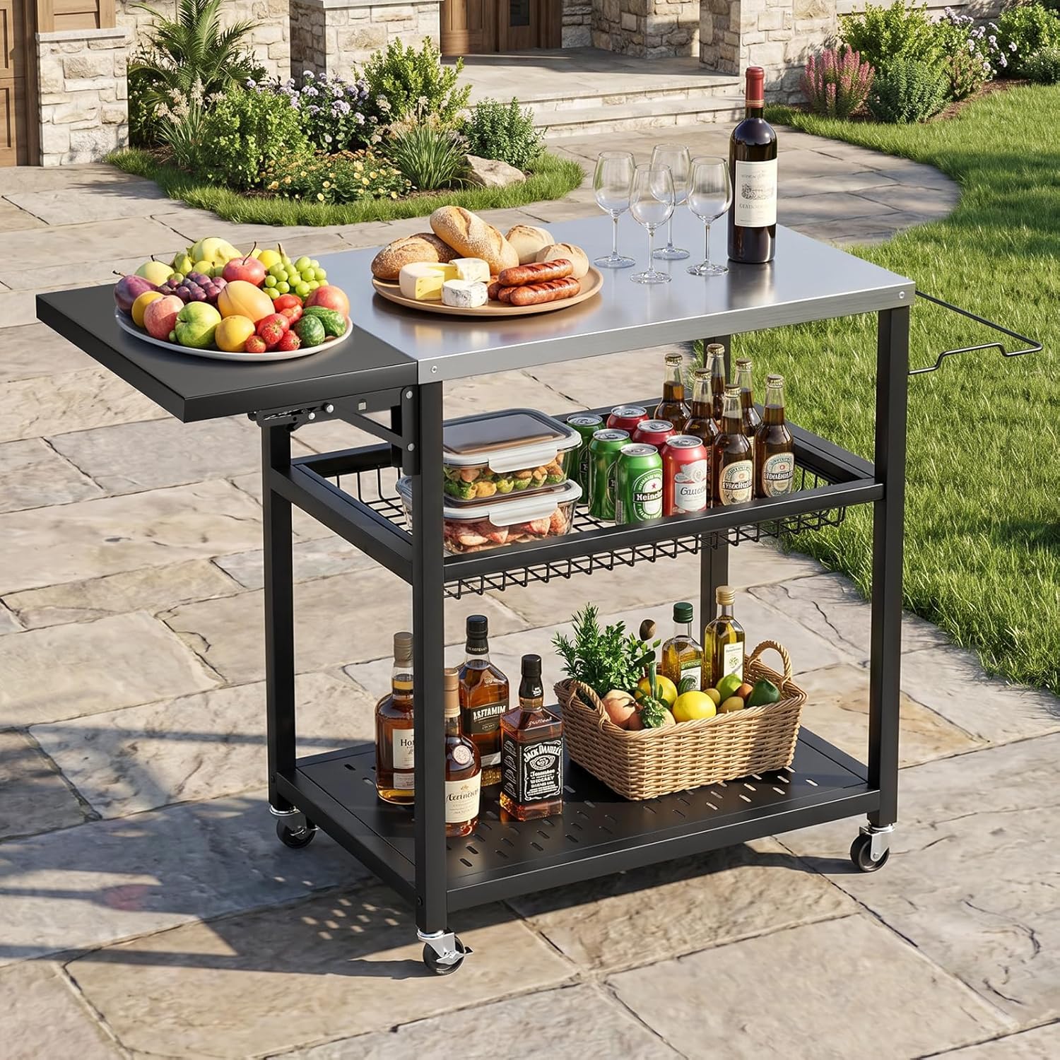 3-Tier BBQ Table with Stainless Steel Top, Movable Food Prep Table with Outdoor Pizza Oven Stand, Outdoor Grill Dining Cart for Party Home Gathering Picnic