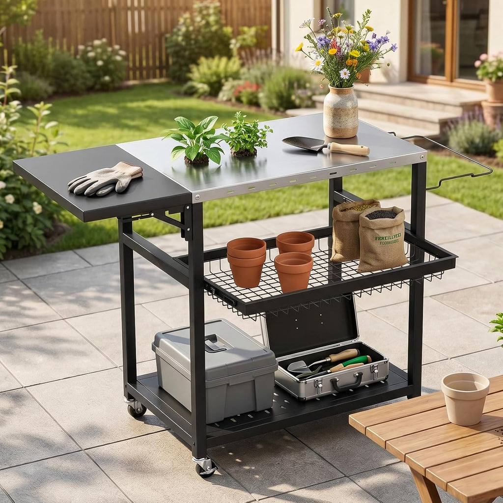 3-Tier BBQ Table with Stainless Steel Top, Movable Food Prep Table with Outdoor Pizza Oven Stand, Outdoor Grill Dining Cart for Party Home Gathering Picnic