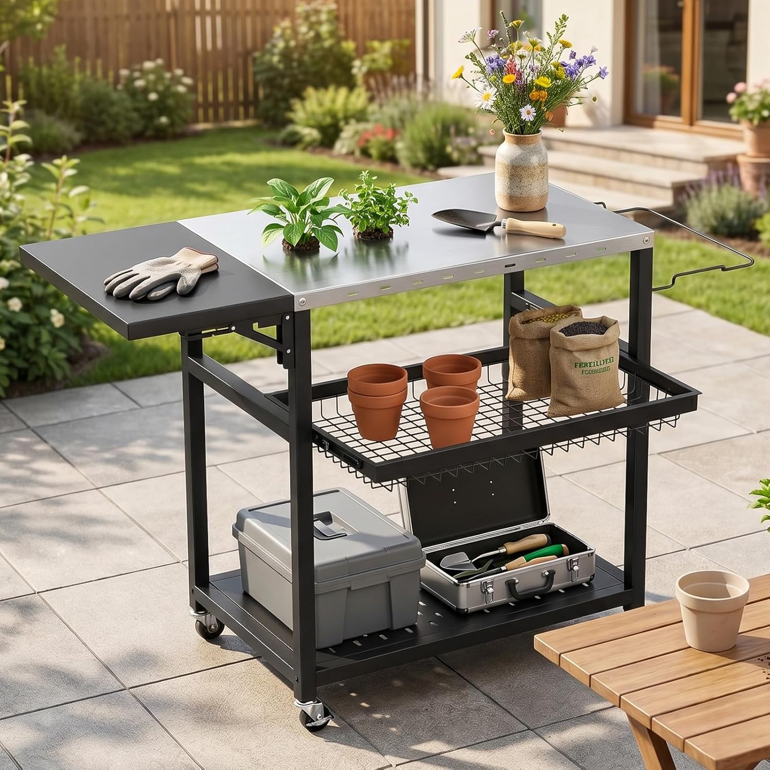 3-Tier BBQ Table with Stainless Steel Top, Movable Food Prep Table with Outdoor Pizza Oven Stand, Outdoor Grill Dining Cart for Party Home Gathering Picnic