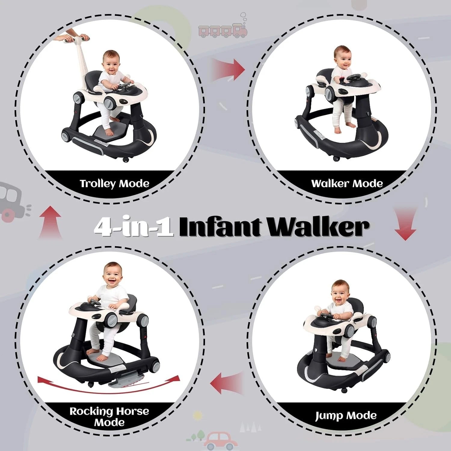 4 in 1 Baby Walker, Foldable Baby Walkers with Wheels and Bouncer Combo Portable