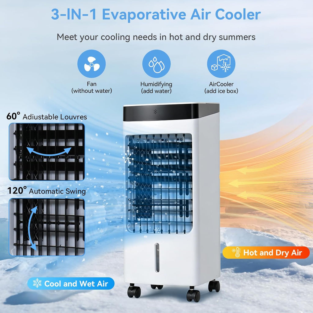 4L 3-in-1 Evaporative Air Cooler White, Quiet Portable Cooler Humidifier with 3 Speeds/3 Modes, 60° Oscillation, Remote Control, 7.5H Timer & 4 Ice Packs for Home Office Bedroom