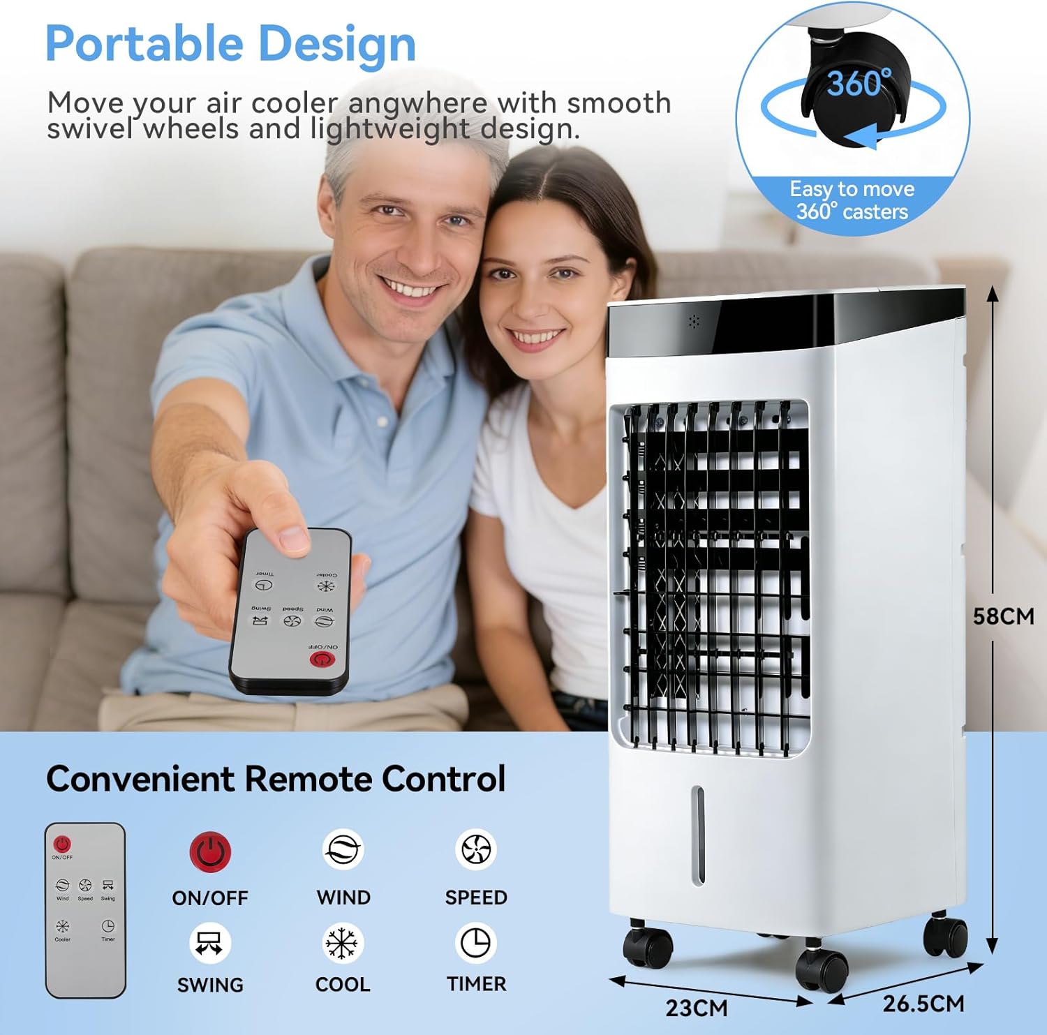 4L 3-in-1 Evaporative Air Cooler White, Quiet Portable Cooler Humidifier with 3 Speeds/3 Modes, 60° Oscillation, Remote Control, 7.5H Timer & 4 Ice Packs for Home Office Bedroom