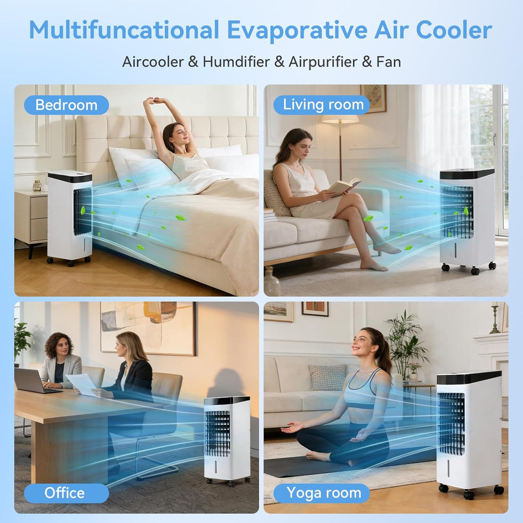 4L 3-in-1 Evaporative Air Cooler White, Quiet Portable Cooler Humidifier with 3 Speeds/3 Modes, 60° Oscillation, Remote Control, 7.5H Timer & 4 Ice Packs for Home Office Bedroom