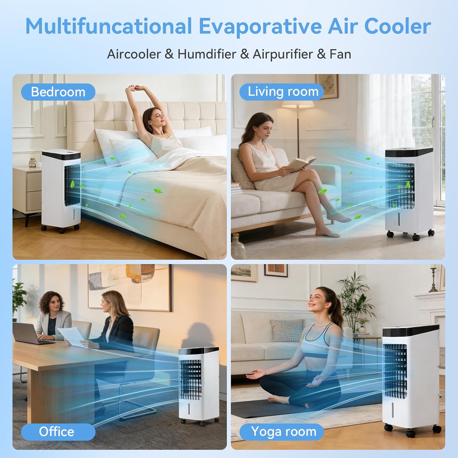 4L 3-in-1 Evaporative Air Cooler White, Quiet Portable Cooler Humidifier with 3 Speeds/3 Modes, 60° Oscillation, Remote Control, 7.5H Timer & 4 Ice Packs for Home Office Bedroom