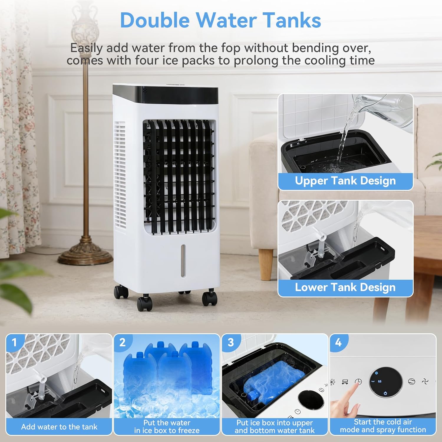 4L 3-in-1 Evaporative Air Cooler White, Quiet Portable Cooler Humidifier with 3 Speeds/3 Modes, 60° Oscillation, Remote Control, 7.5H Timer & 4 Ice Packs for Home Office Bedroom