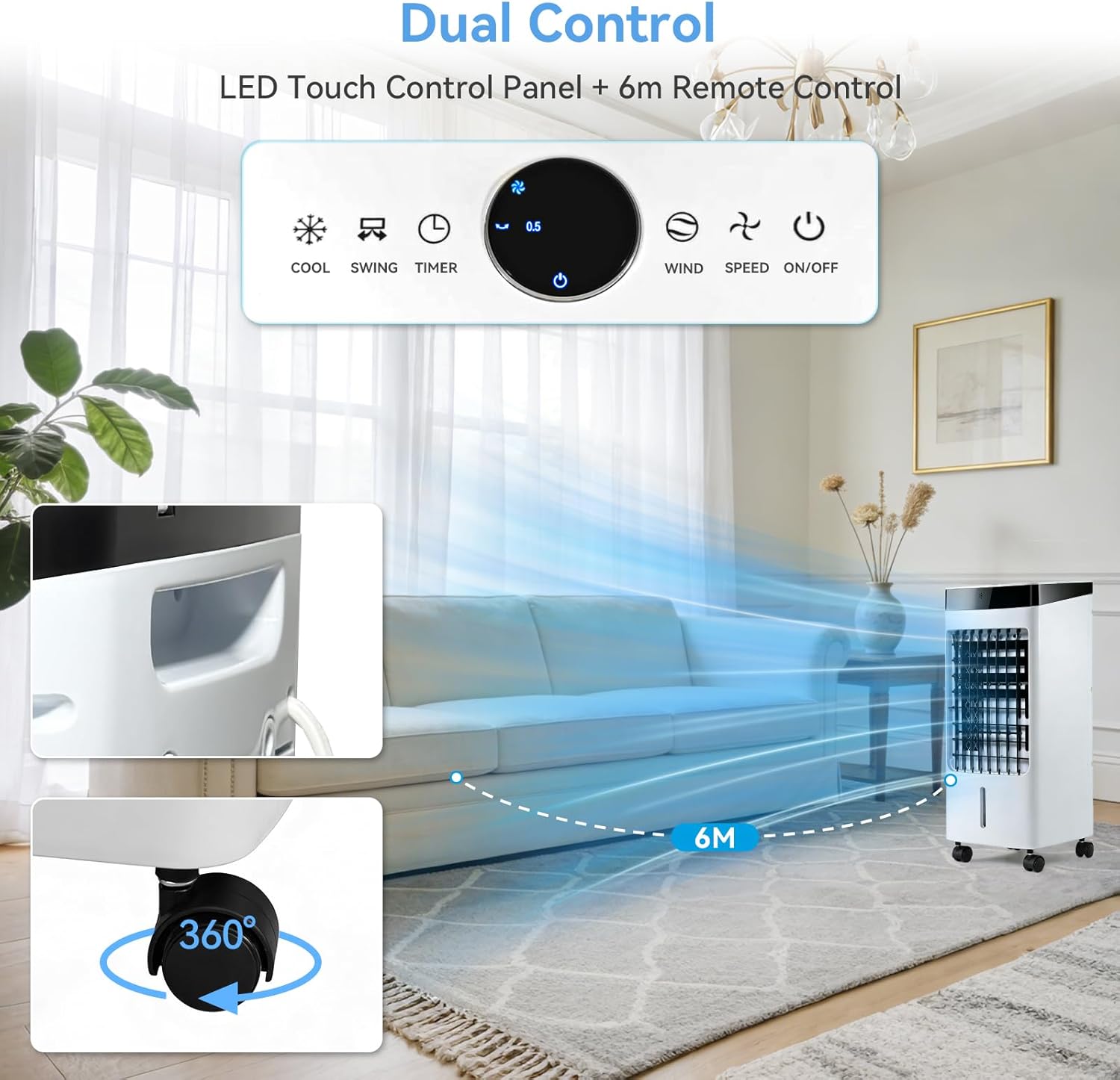 4L 3-in-1 Evaporative Air Cooler White, Quiet Portable Cooler Humidifier with 3 Speeds/3 Modes, 60° Oscillation, Remote Control, 7.5H Timer & 4 Ice Packs for Home Office Bedroom