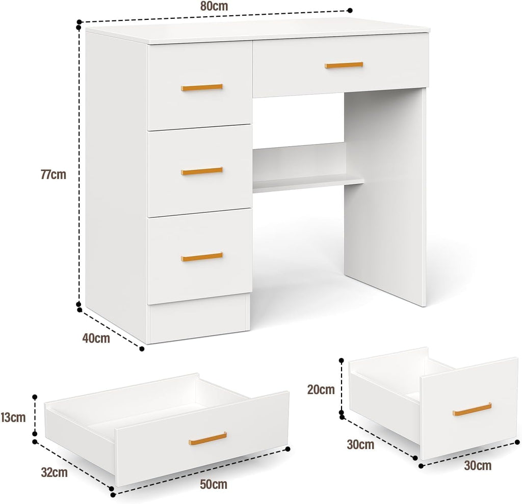White Dressing Table with 4 Drawers Multi-Purpose Makeup Desk Compact Computer Desk for Home Office Wooden Study Table 80 x 40 cm
