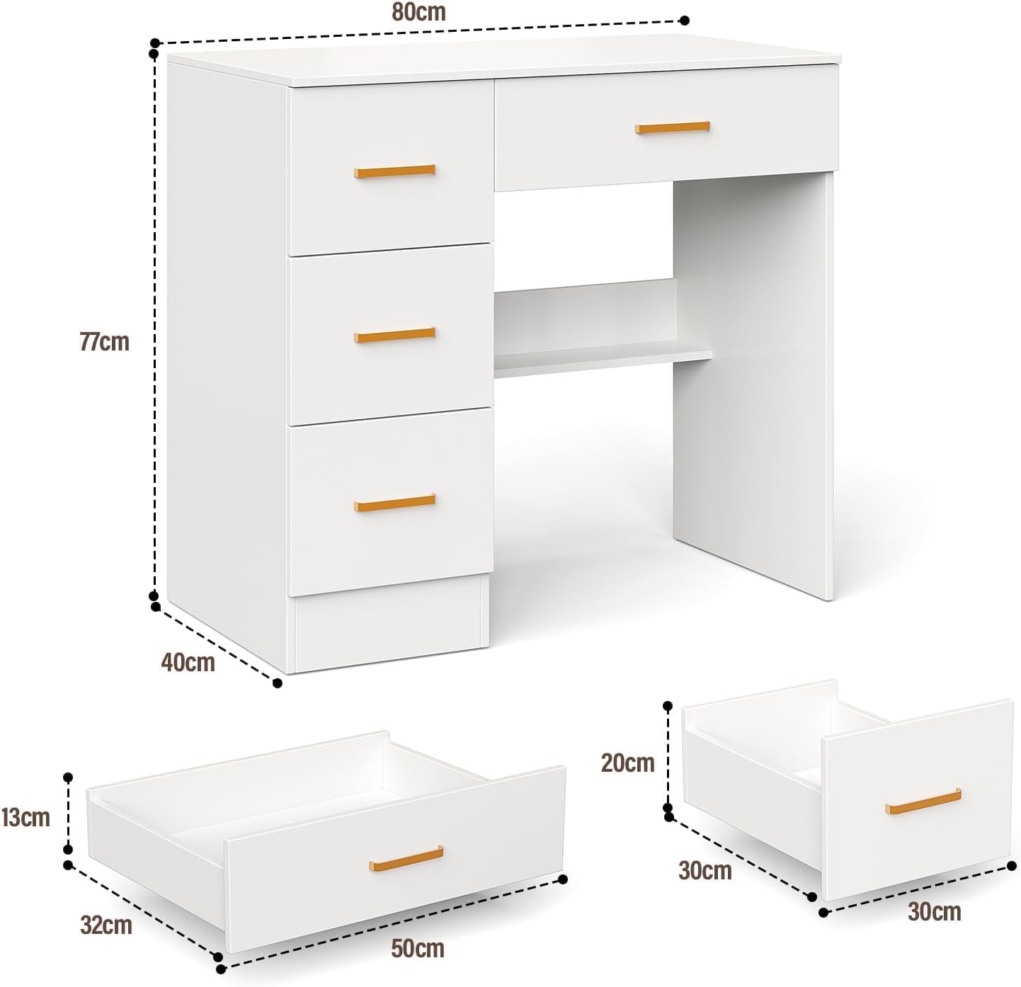 White Dressing Table with 4 Drawers Multi-Purpose Makeup Desk Compact Computer Desk for Home Office Wooden Study Table 80 x 40 cm