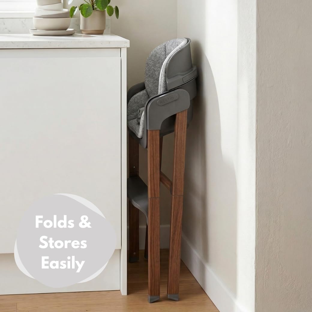 Venture Neyo 2-in-1 Foldable High Chair for Baby and Toddler, Convertible Baby Highchair with Wood Effect Legs, Removable Tray &amp; Cushion, 5 Point Harness, Compact Folding (Grey)