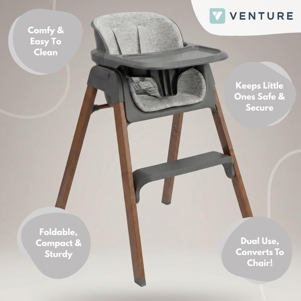 Venture Neyo 2-in-1 Foldable High Chair for Baby and Toddler, Convertible Baby Highchair with Wood Effect Legs, Removable Tray &amp; Cushion, 5 Point Harness, Compact Folding (Grey)