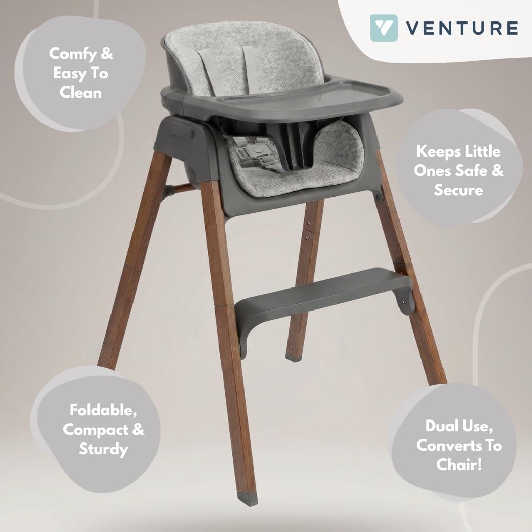 Venture Neyo 2-in-1 Foldable High Chair for Baby and Toddler, Convertible Baby Highchair with Wood Effect Legs, Removable Tray &amp; Cushion, 5 Point Harness, Compact Folding (Grey)