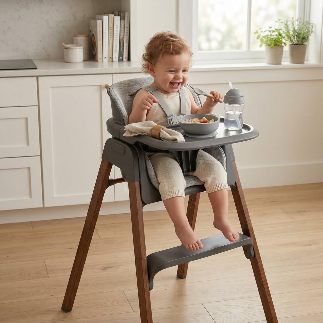 Venture Neyo 2-in-1 Foldable High Chair for Baby and Toddler, Convertible Baby Highchair with Wood Effect Legs, Removable Tray &amp; Cushion, 5 Point Harness, Compact Folding (Grey)