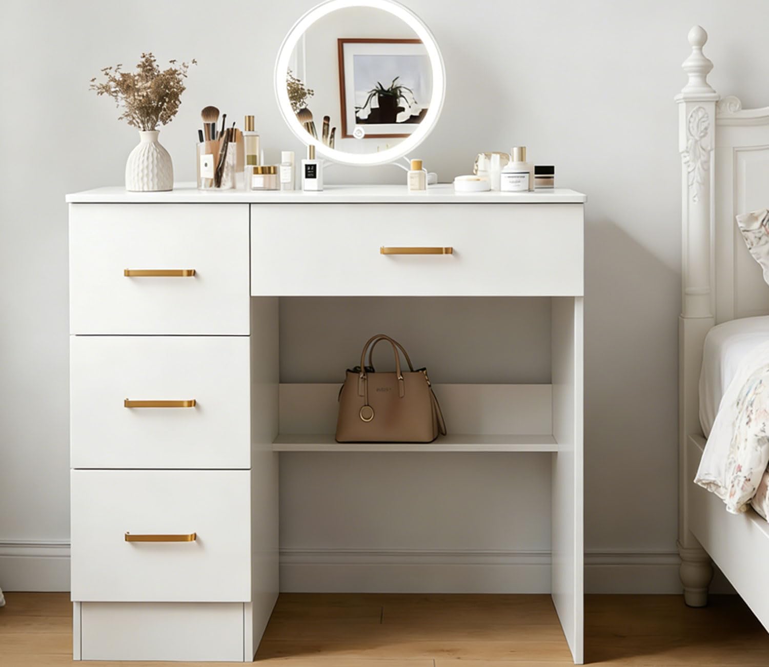 White Dressing Table with 4 Drawers Multi-Purpose Makeup Desk Compact Computer Desk for Home Office Wooden Study Table 80 x 40 cm