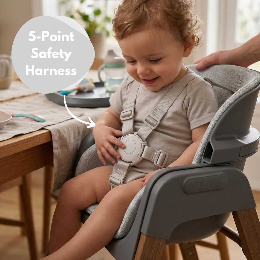 Venture Neyo 2-in-1 Foldable High Chair for Baby and Toddler, Convertible Baby Highchair with Wood Effect Legs, Removable Tray &amp; Cushion, 5 Point Harness, Compact Folding (Grey)