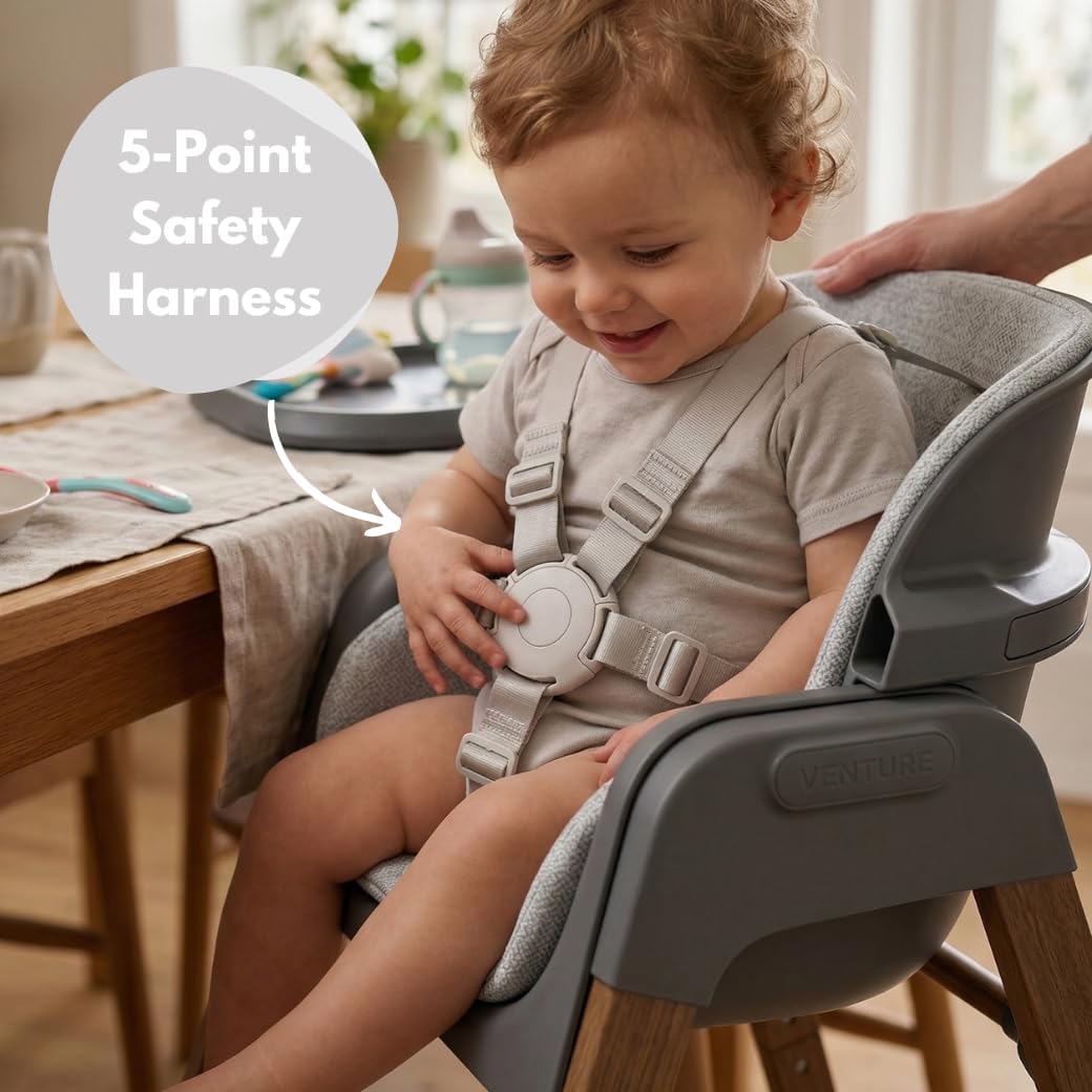 Venture Neyo 2-in-1 Foldable High Chair for Baby and Toddler, Convertible Baby Highchair with Wood Effect Legs, Removable Tray &amp; Cushion, 5 Point Harness, Compact Folding (Grey)