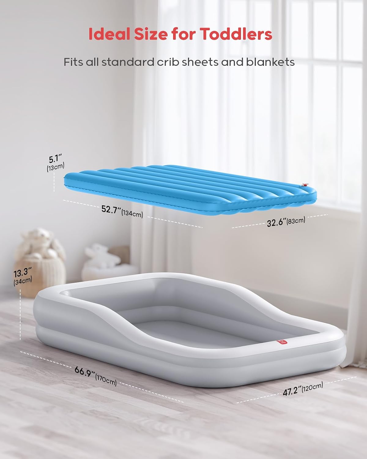 QPAU Inflatable Toddler Travel Bed with Tent, Portable Kids Air Mattress with Safety Sides, Ideal for Home, Grandma's, Camping, Traveling (Grey &amp; Blue)