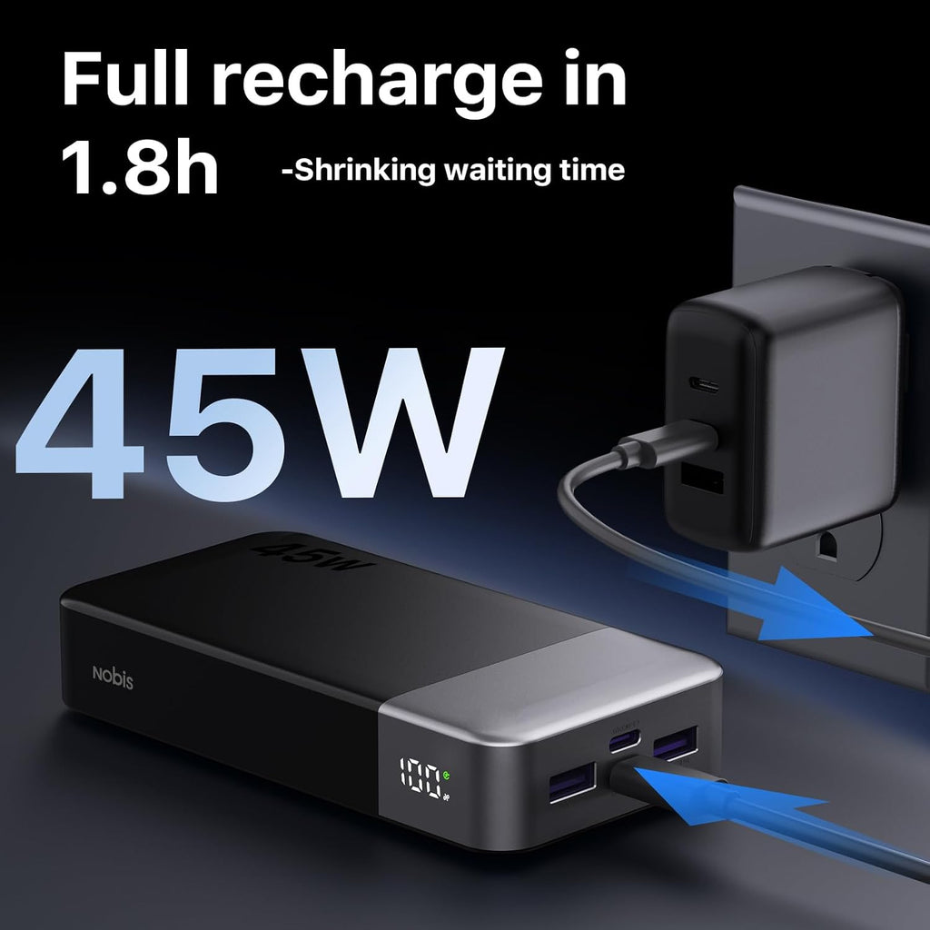 NOBIS 45W Power Bank 20000mAh - Power Bank Fast Charging with 2*USB-C(in/out) &amp; 2*USB-A, Portable Charger with Digital Display &amp; Small Current Mode, Compatible with Phone 17 S25