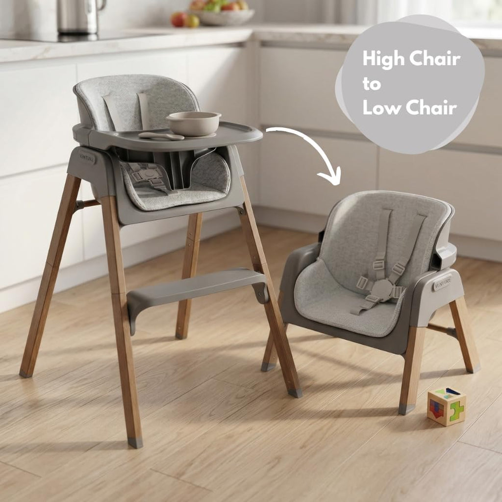 Venture Neyo 2-in-1 Foldable High Chair for Baby and Toddler, Convertible Baby Highchair with Wood Effect Legs, Removable Tray &amp; Cushion, 5 Point Harness, Compact Folding (Grey)