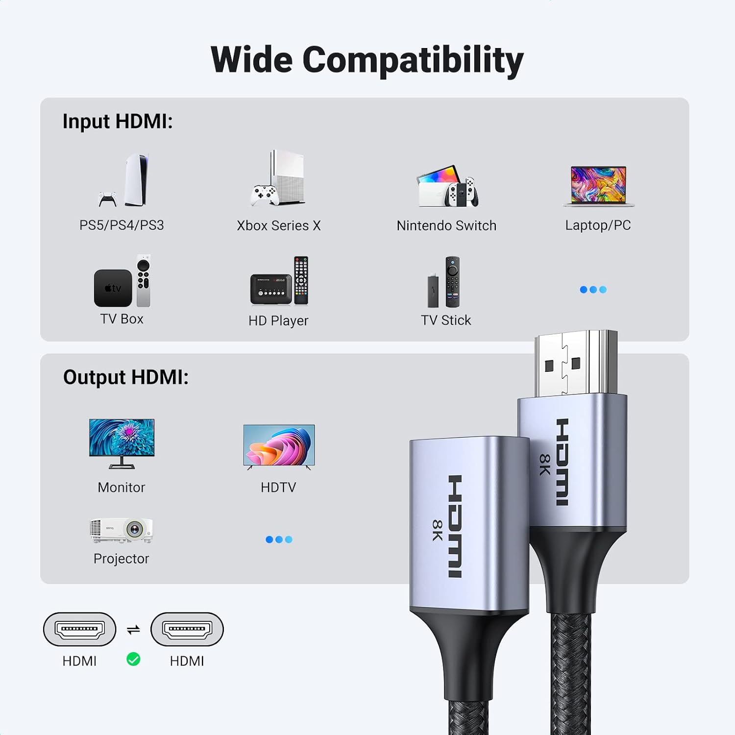 UGREEN HDMI 2.1 Extender 8K@60Hz 4K@240/144/120Hz Extension Cable eARC,2M | Male to Female Adapter,Dolby Atmos/Vision,HDR,48Gbps High Speed,VRR,HDCP 2.3,For TV Stick Streaming Device PS5 Xbox PC Laptop