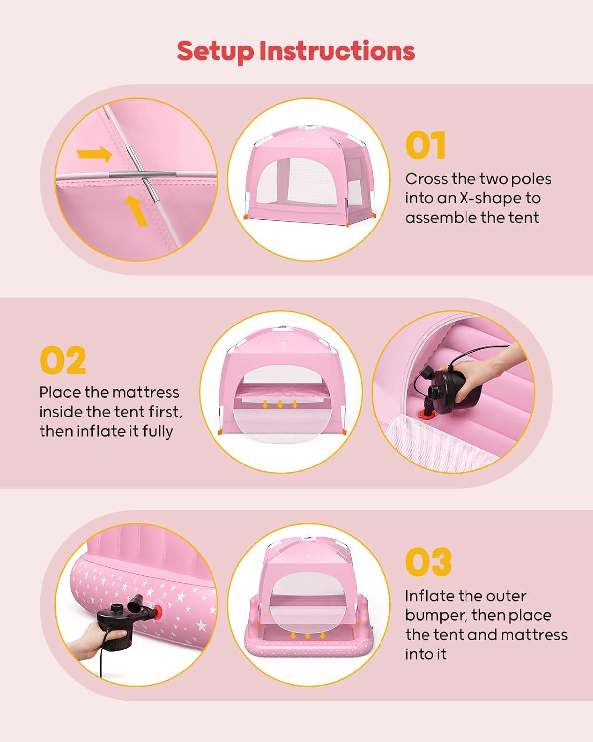 QPAU Princess Inflatable Toddler Bed with Tent, Blow Up Toddler Travel Bed with Sides, Portable Kids Air Mattress for Girls, Ideal for Home, Grandma’s, Camping &amp; Sleepovers – Includes Electric Pump