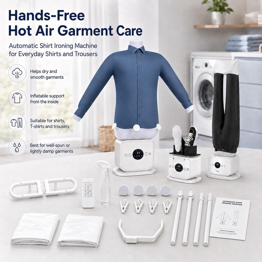 Automatic Shirt Ironing Machine for Clothes | Inflatable, Shirt &amp; Trouser Attachments, Hands-Free Hot Air, Clothes Dryer and Wrinkle Reducer