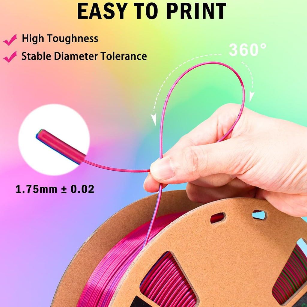 Silk Tri Colour PLA Filament 1.75mm 1kg, Multicolor 3D Printer Filament, Filament 3D Printing Materials for Most FDM 3D Printer, Silk PLA Red Blue Green, Rainbow PLA Filament 1.75mm ± 0.02