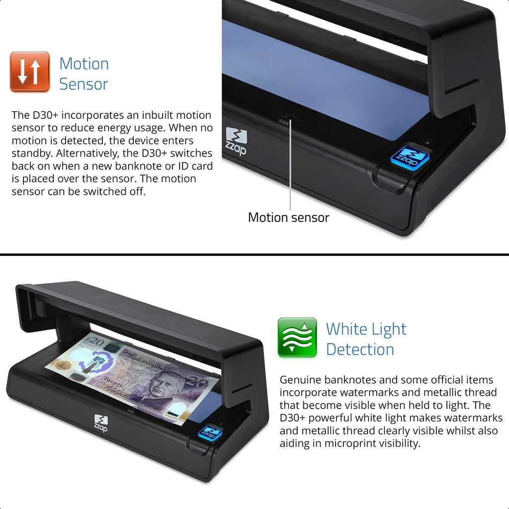 ZZap D30+ - Counterfeit Banknote Detector - LED Ultraviolet Light, Watermark &amp; Metallic Thread Detection, Battery Or Mains Powered - Money Checker Machine