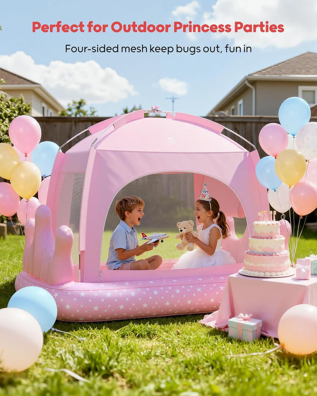 QPAU Princess Inflatable Toddler Bed with Tent, Blow Up Toddler Travel Bed with Sides, Portable Kids Air Mattress for Girls, Ideal for Home, Grandma’s, Camping &amp; Sleepovers – Includes Electric Pump