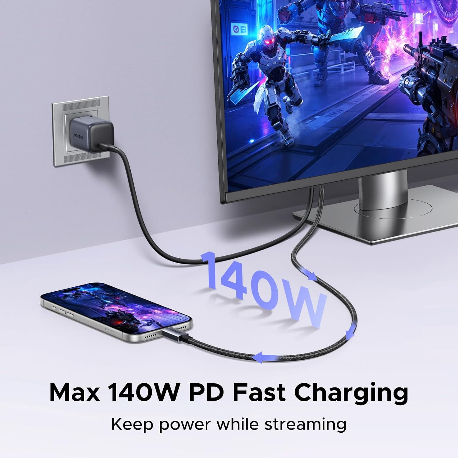 UGREEN USB C to HDMI 2.1 Cable 140W PD Fast Charger 8K@60Hz 4K@240Hz 1440P@360Hz Thunderbolt 5/4/3 Type C HDR Dolby Atmos Adapter Compatible for MacBook Pro/Air M4 M5,Mac Neo,iMac,iPad,Galaxy,XPS(2M)