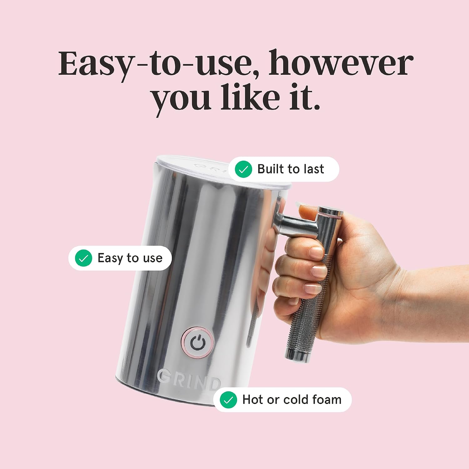 Grind Two Milk Frother – 3-in-1 for Hot and Cold Beverages – Barista Quality – Suitable for Latte, Flat White, Hot Chocolate, Cappuccino – 1 Year Warranty
