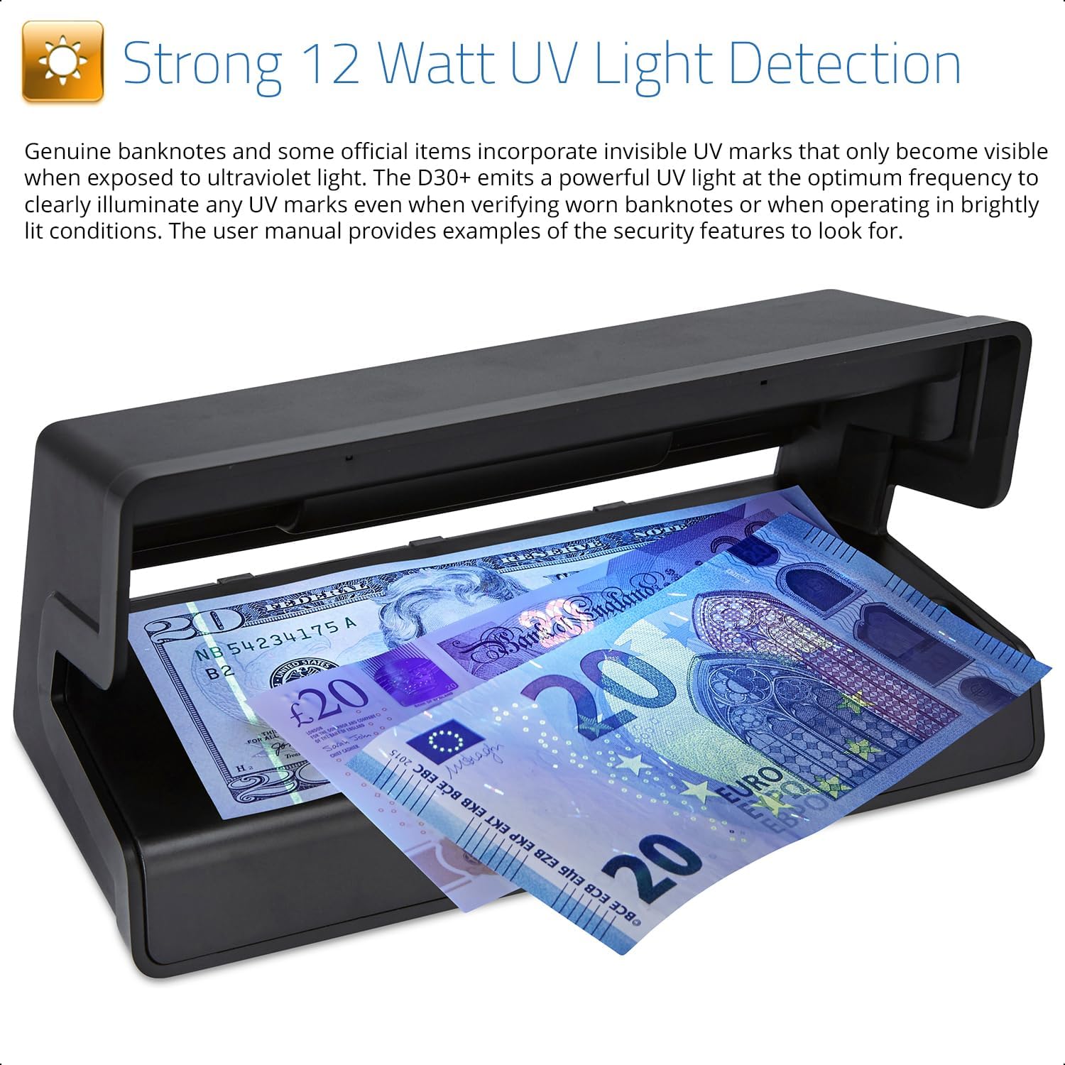 ZZap D30+ - Counterfeit Banknote Detector - LED Ultraviolet Light, Watermark &amp; Metallic Thread Detection, Battery Or Mains Powered - Money Checker Machine