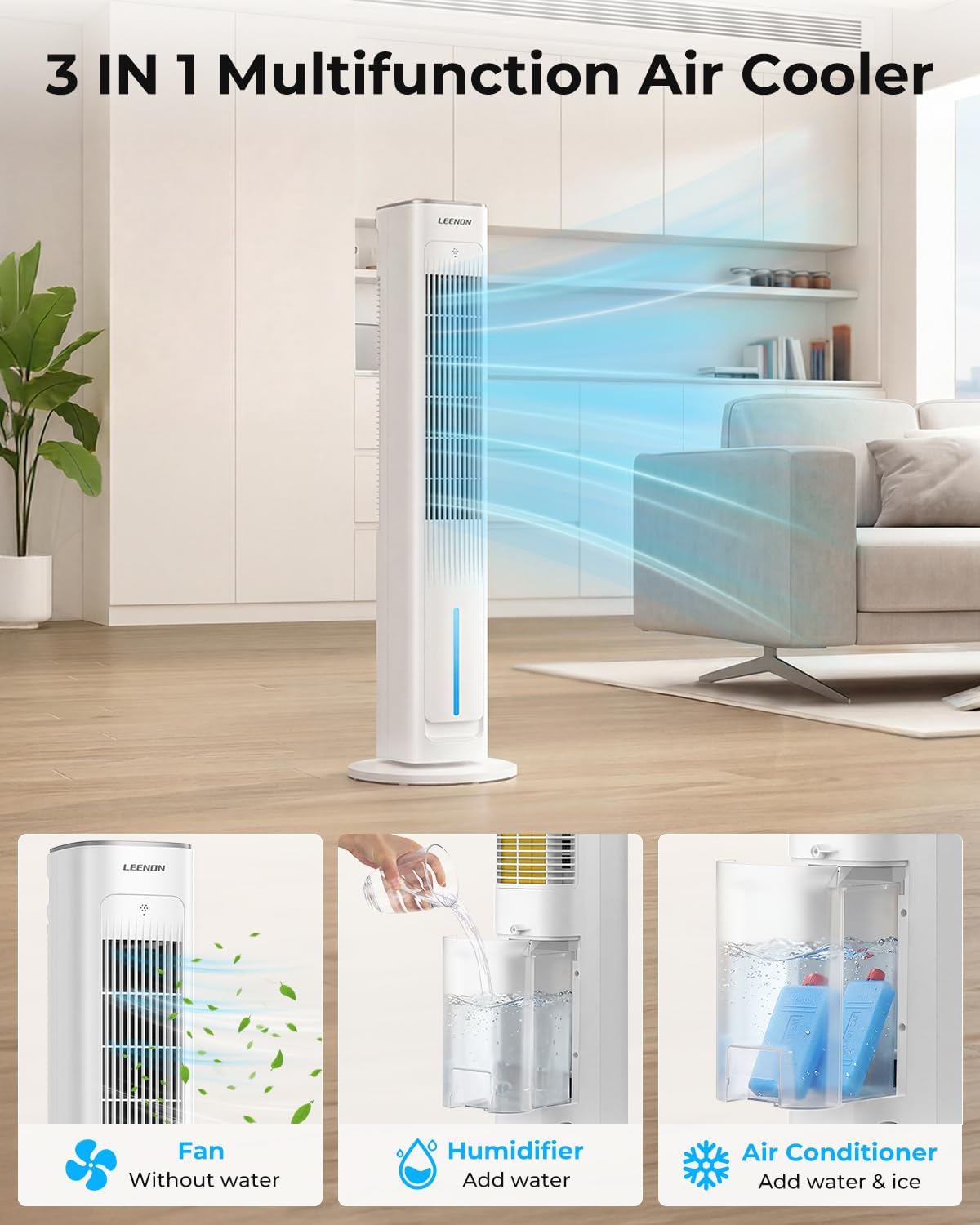 LEENON 3in1 Evaporative Air Cooler, 38" Tower Fan with Remote, 3L Water Tank Quiet Portable Cooling Fan, 3 Speeds &amp; 3 Modes, 12H Timer, Auto Oscillating Air Cooler for Home &amp; Office, Grey