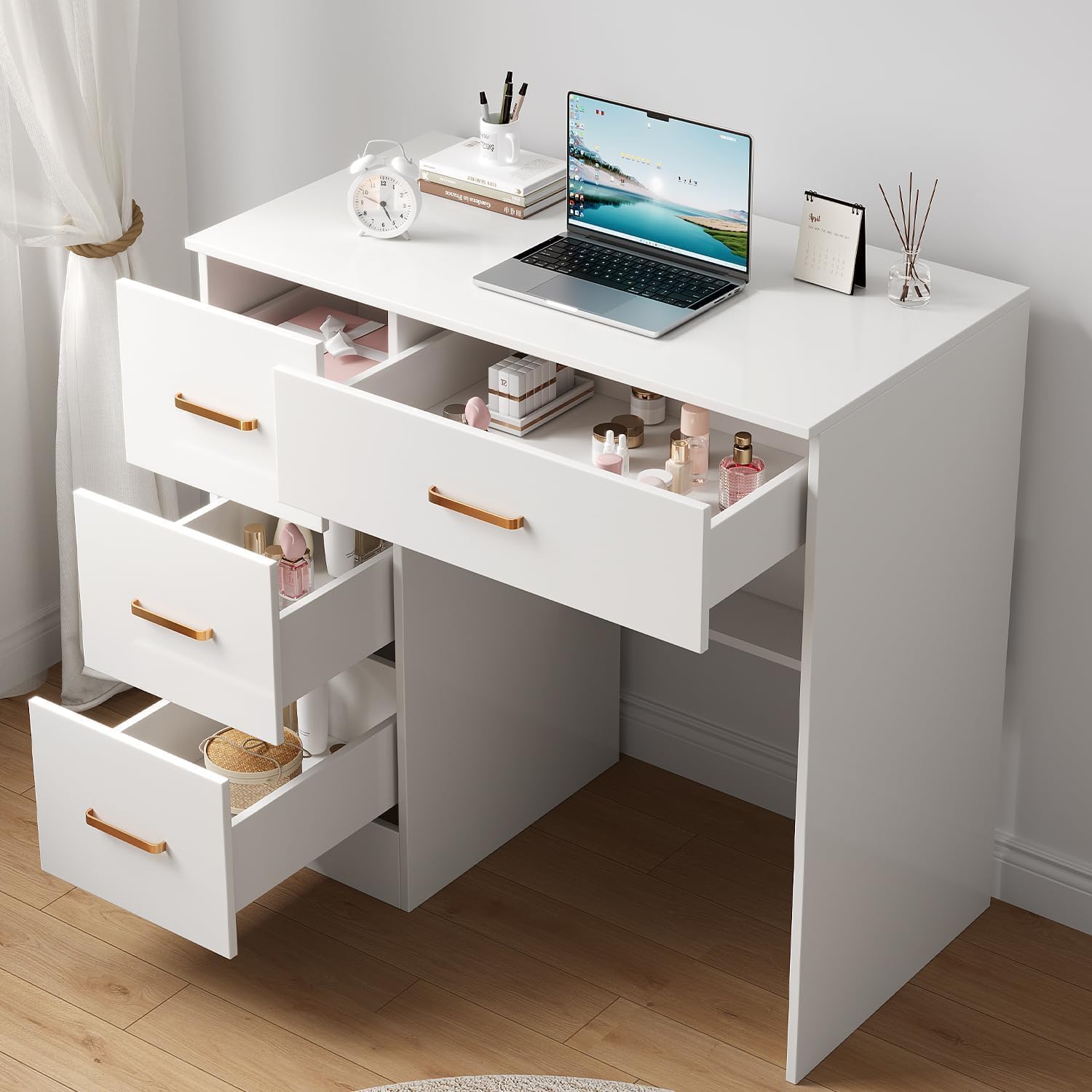 White Dressing Table with 4 Drawers Multi-Purpose Makeup Desk Compact Computer Desk for Home Office Wooden Study Table 80 x 40 cm