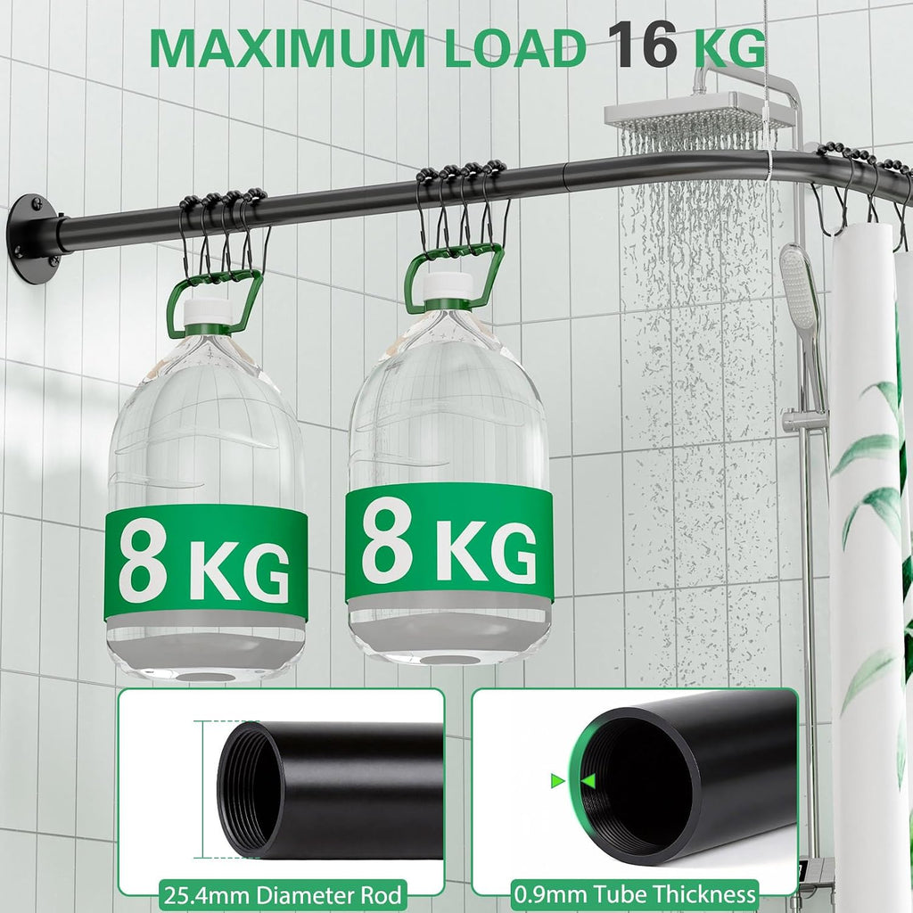 L Shaped Shower Curtain Rail, (60-133cm) x (60-133cm) Extendable Corner Shower Curtain Rail, Curved Shower Rail With 12 Rings &amp; Ceiling Support For Bathroom &amp; Bathtubs, Need Drilling - Matte Black
