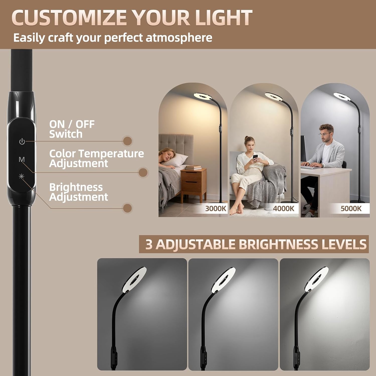 GyroVu LED Floor Lamp, 70'' Bright Reading Floor Lamps for Living Room, Dimmable &amp; Adjustable Color Temperature, Touch Control Standing Tall Lamp, Gooseneck Floor Light for Bedroom Office, Black
