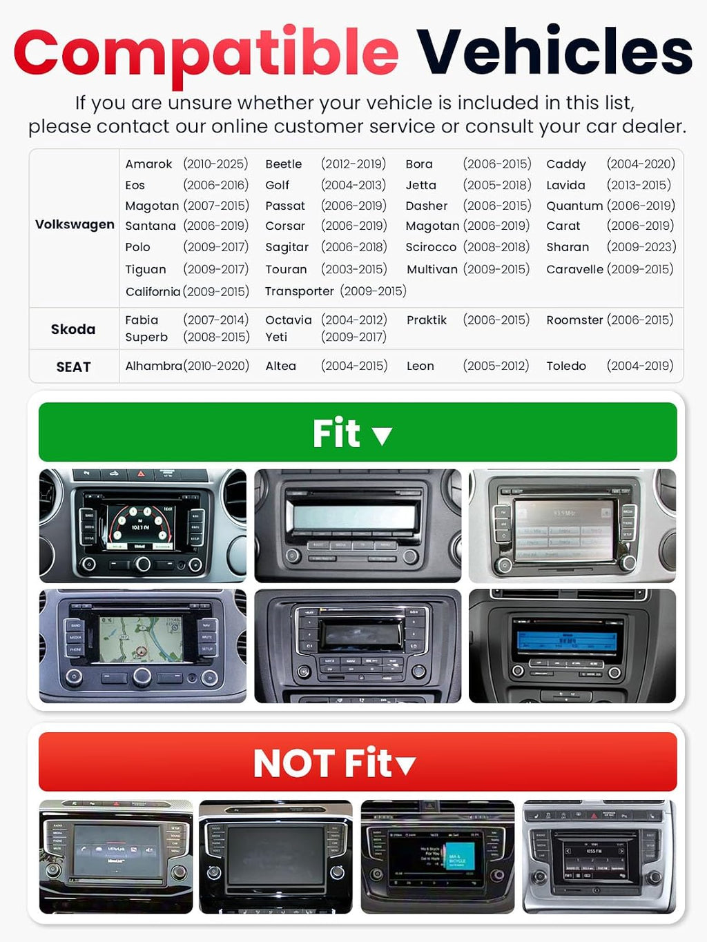 2 DIN Car Stereo for Volkswagen, Skoda, SEAT, Wireless CarPlay &amp; Android Auto 9" Touchscreen, 4GB RAM 64GB ROM, Bluetooth 5GHz WiFi DAB+ FM AUX GPS