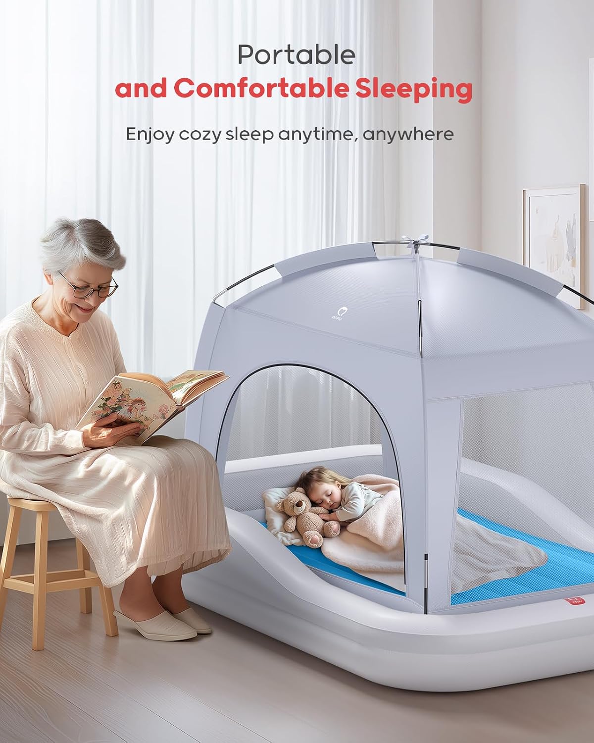 QPAU Inflatable Toddler Travel Bed with Tent, Portable Kids Air Mattress with Safety Sides, Ideal for Home, Grandma's, Camping, Traveling (Grey &amp; Blue)