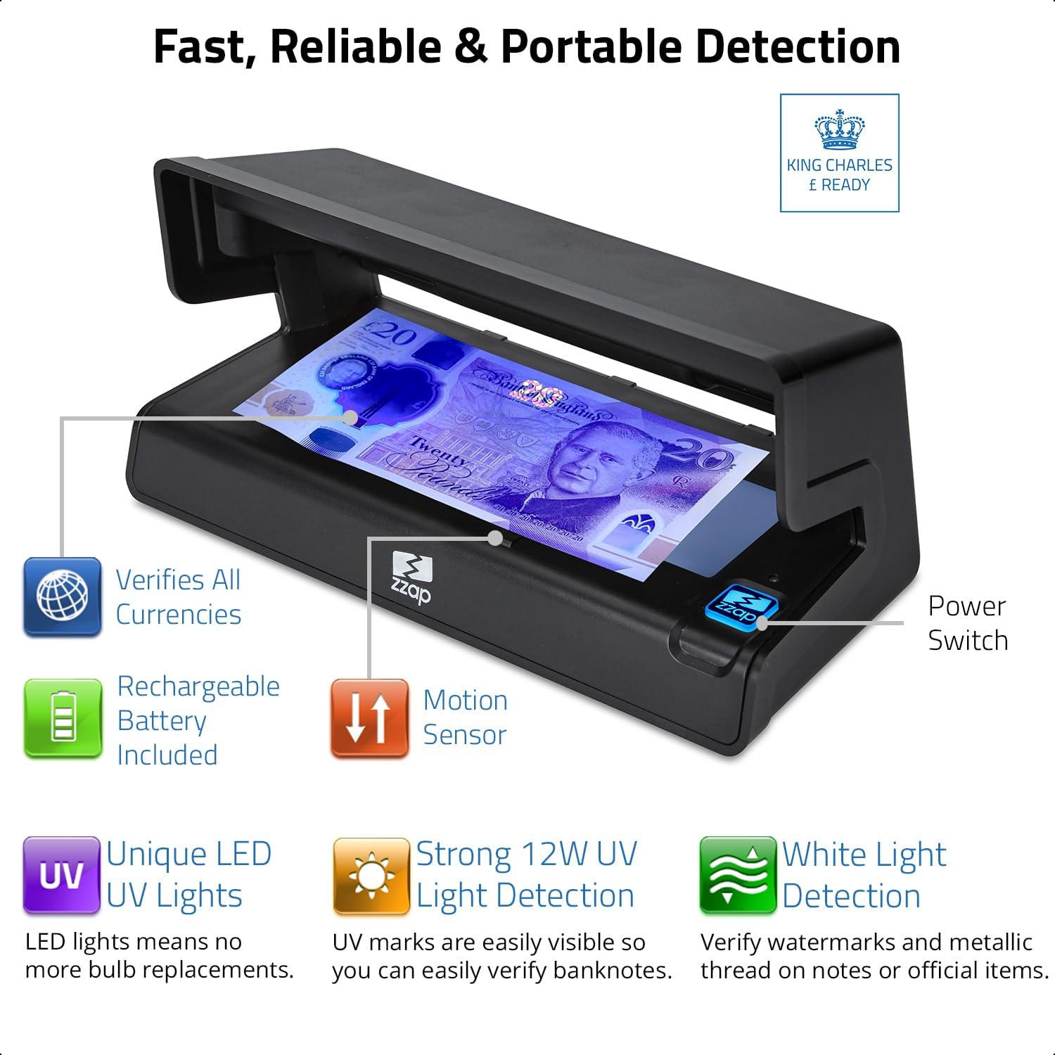 ZZap D30+ - Counterfeit Banknote Detector - LED Ultraviolet Light, Watermark &amp; Metallic Thread Detection, Battery Or Mains Powered - Money Checker Machine