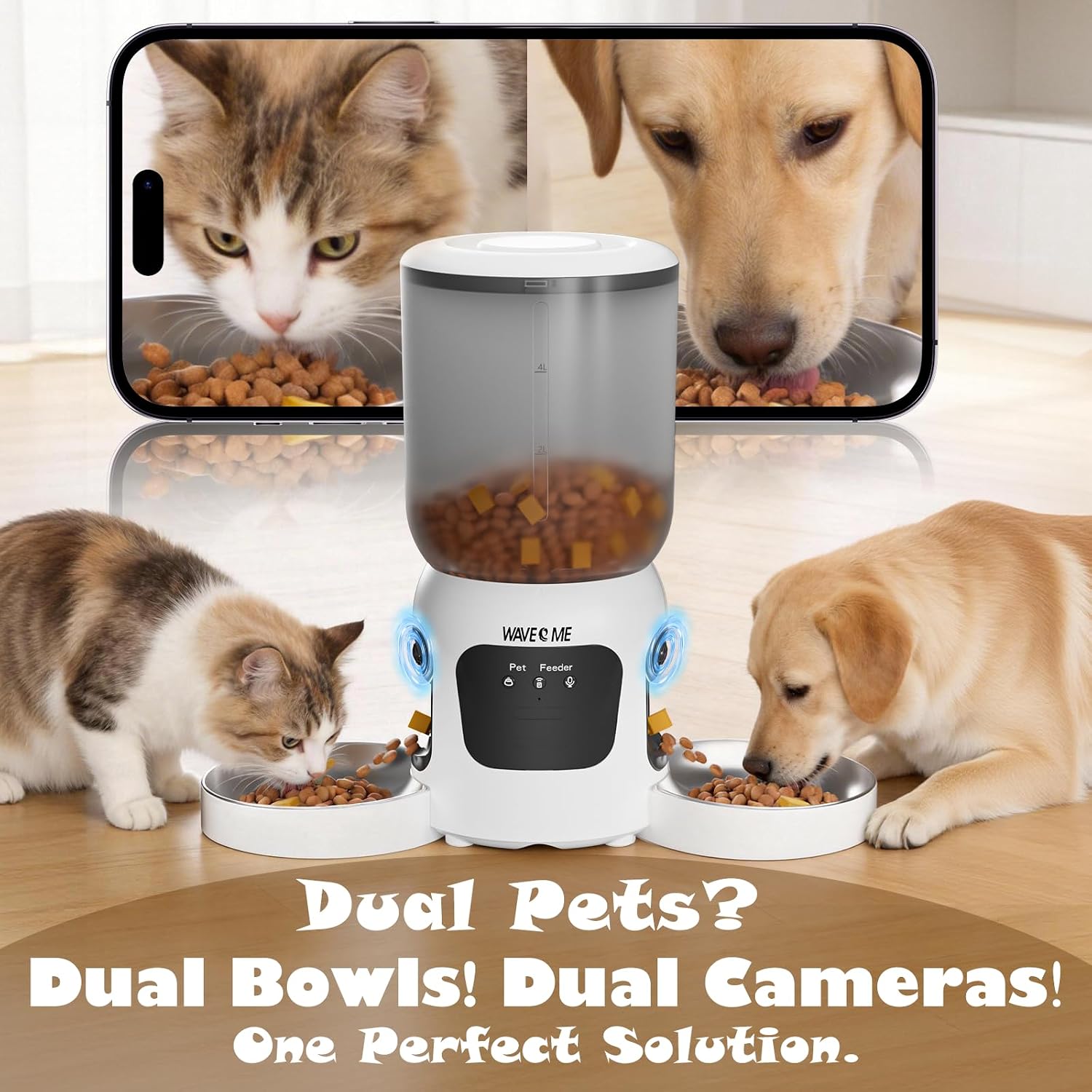 Dual-Lens Automatic Cat Feeder with Camera for 2 Cats, 6L1080P HD Video Pet Food Dispenser with Dual Bowls, AI Motion Detection &amp; 2-Way Audio, App Control Timed Feeder for Multi-Cat Household
