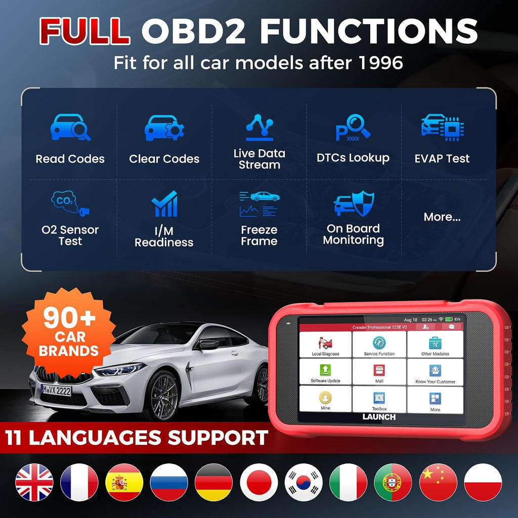 LAUNCH OBD2 Scanner CRP123E V3.0 Car Diagnostic Tool with Engine ABS SRS Transmission OBD Scanner with 7 Reset Service Oil/EPB/SAS/BMS/Throttle/Battery Reset DPF Regeneration Auto Vin Free Update