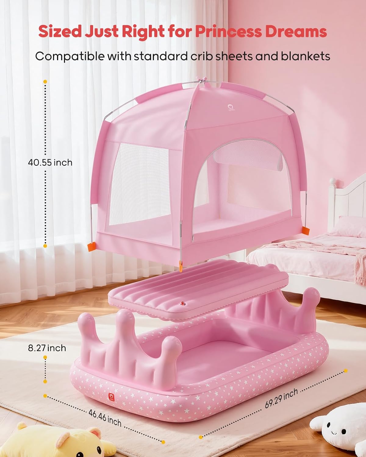 QPAU Princess Inflatable Toddler Bed with Tent, Blow Up Toddler Travel Bed with Sides, Portable Kids Air Mattress for Girls, Ideal for Home, Grandma’s, Camping &amp; Sleepovers – Includes Electric Pump
